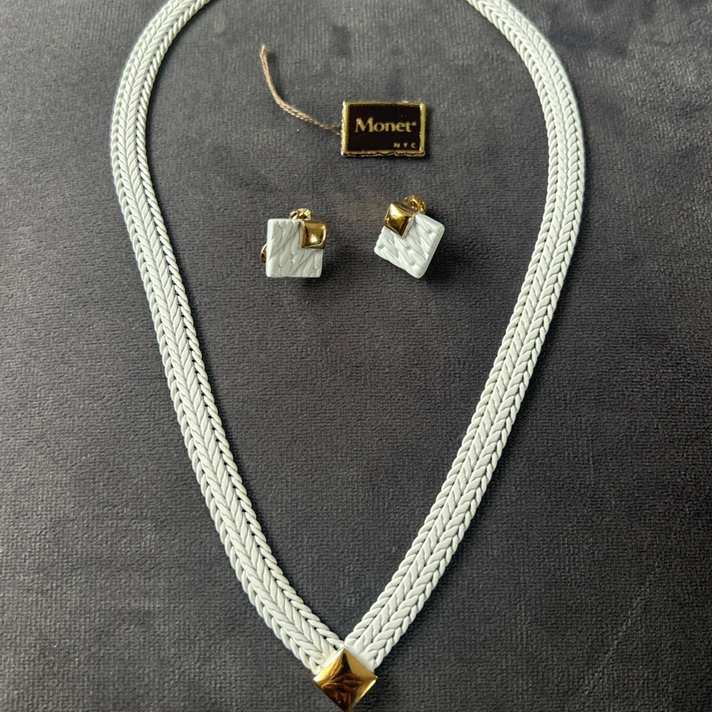 Vintage Monet Herringbone White and Gold Necklace and Clip On Earrings